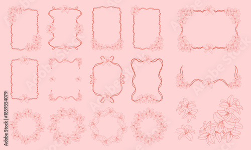 Set of red hand drawn floral circle frame and wreath. Trendy Vintage coquette border with lilies. Botanical design template for wedding invitation, birthday card, print, holiday poster, Valenine's Day