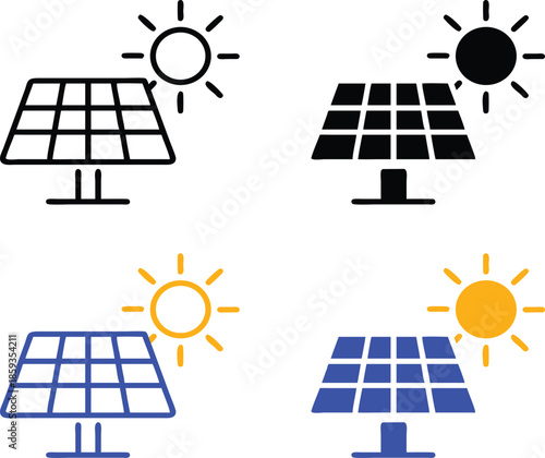 Comprehensive collection of solar energy panel icons with sun symbols in various styles for sustainable green power and renewable electricity Vector Silhouette, Pictogram and Line Icon Set.eps