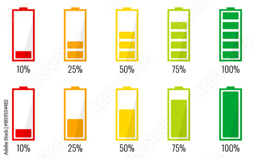 Battery charge level indicators from empty to full. Power status icons for device energy and progress tracking