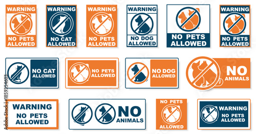 No pets allowed warning sign collection with animal icons. Prohibition labels for indoor and public spaces
