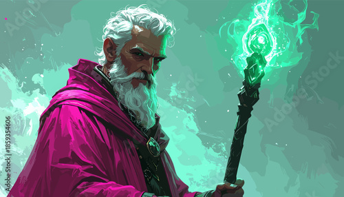 Wizard casting a spell with a glowing staff in a mystical setting.