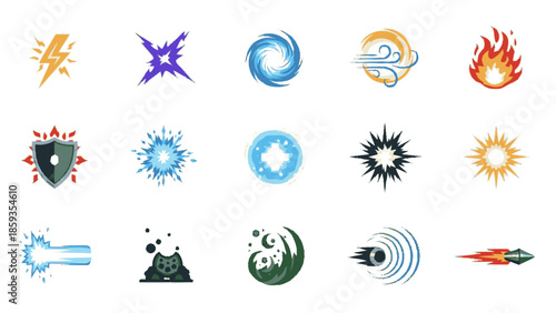Collection of Elemental Power Icons and Magic Effects for Games.