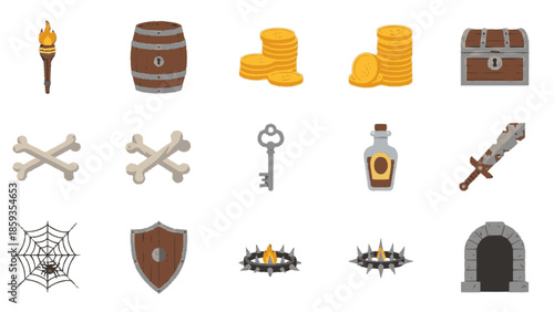 Collection of fantasy game assets including weapons, treasures, and mystical items.