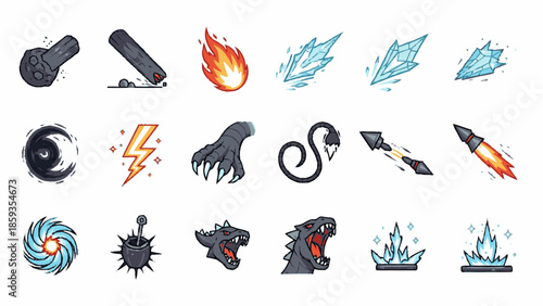 Collection of fantasy game icons featuring elemental powers and mythical creatures.