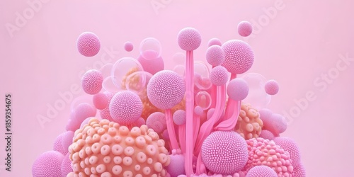 Abstract pink organic shapes and spheres in a soft light environment.