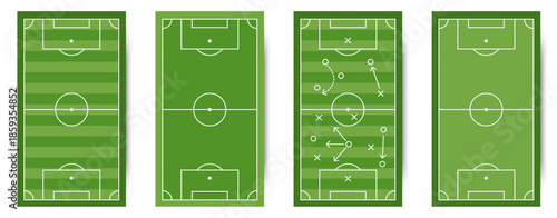 Soccer field layouts with strategy markings. Football pitch diagrams for tactics training and match planning