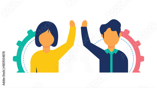 Vector illustration of a man and woman high fiving, symbolizing teamwork and collaboration, with gear icons in the background