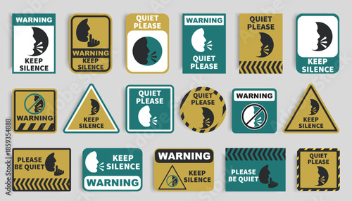 Keep silence and quiet please warning sign set. Noise restriction signs with face symbols. Informational vector posters for public areas
