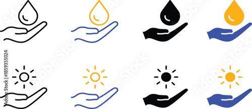 Minimalist Hand Holding Water Drop and Sun Symbols Representing Environmental Care Charity Protection and Sustainable Energy Resources Concepts Vector Silhouette, Pictogram and Line Icon Set.eps
