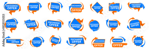 Exchange offer speech bubbles with arrow symbols. Promotional marketing labels for trade deals and special offers