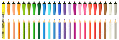 Color pencils and marker tips arranged by spectrum. Art supplies collection for drawing education