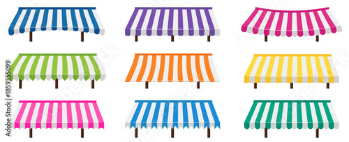 Colorful market awnings set for shop storefronts. Retail canopy elements for store facade and street market