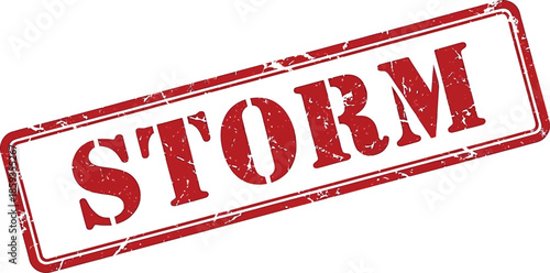 A weathered red stamp displaying the word storm prominently centered indicating potential severe weather conditions or warnings