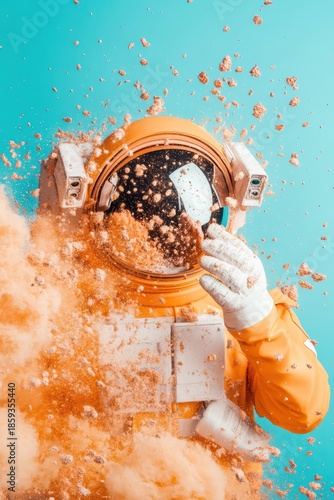 Space explorer in orange suit, white gloves, surrounded by orange particles, blue background, capturing moment of discovery.