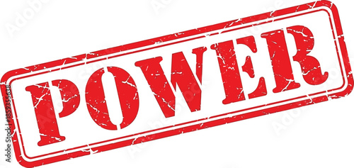 A distressed red rectangular stamp boldly displays the word power in white uppercase lettering suggesting strength and authority