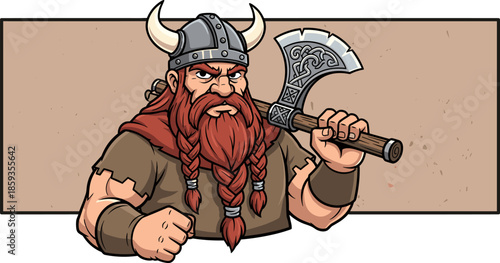 Fierce Viking Warrior with Axe and Horned Helmet.