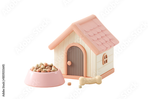 Cute pink dog house with food bowl and bone.