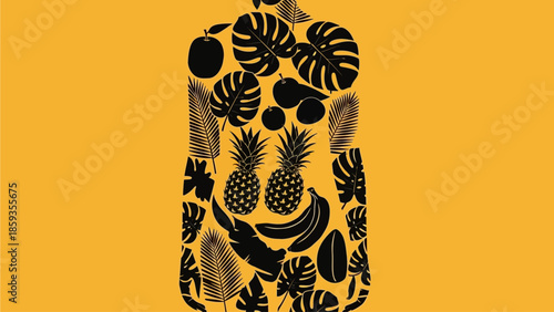 Nature's Bounty Silhouette A Vibrant Graphic Illustration of a Human Figure Embracing Tropical Wellness, Filled with Exotic Fruits and Lush Greenery, Evoking Summer Vibes and Healthy Living