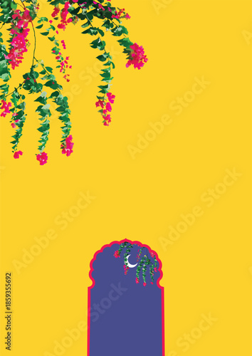 Minimalist Illustration of Traditional Indian Arch with Floral Hanging on Yellow Background