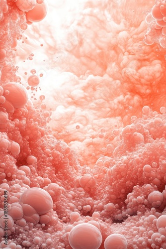 Abstract coral like forms with floating spheres in vibrant orange hues and soft light