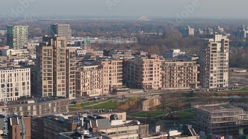 Establishing aerial shot of Holland Park Diemen, new, emerging neighbourhood on the edge of Amsterdam in The Netherlands