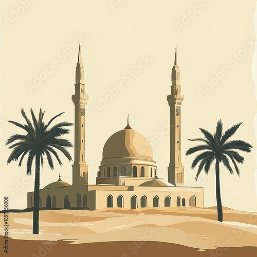 Grand mosque with two tall minarets and dome in desert with palm trees against clear sky.