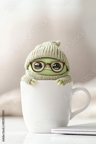 Funny green creature in cozy hat and glasses peeking from white cup, April Fools' Day prank concept.