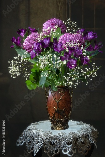 Still life with splendid purple bouquet 