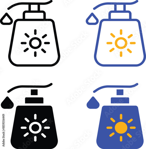 Sunscreen Pump Bottle and Hand Cream Application Skincare Lotion UV Protection Body Care Beauty Treatment Summer Wellness Cosmetic Product Dispenser Vector Silhouette, Pictogram and Line Icon Set.eps
