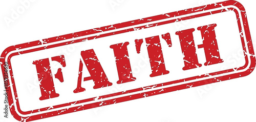 A striking red stamp displaying the word faith in bold capital letters set against a white background