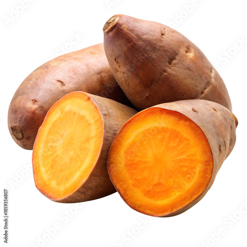 A vibrant collection of sweet potatoes including one cut open on transparent background high quality