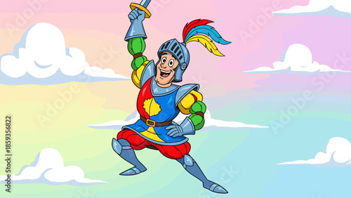 Cartoon Knight in Shining Armor with Sword Raised High.