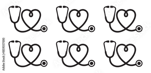Stethoscope heart logo design for medical healthcare services set with cardiogram pulse line for diagnostic clinics