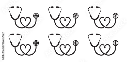 Doctor stethoscope forming heart shape with cardiogram details for nursing schools and hospital staff branding set