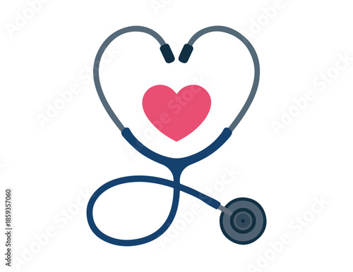 Heart shaped stethoscope flat illustration with pink heart in center isolated on white background healthcare concept