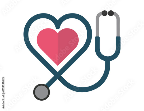 Modern flat medical heart stethoscope icon with pink inner heart for digital health records and telehealth portals
