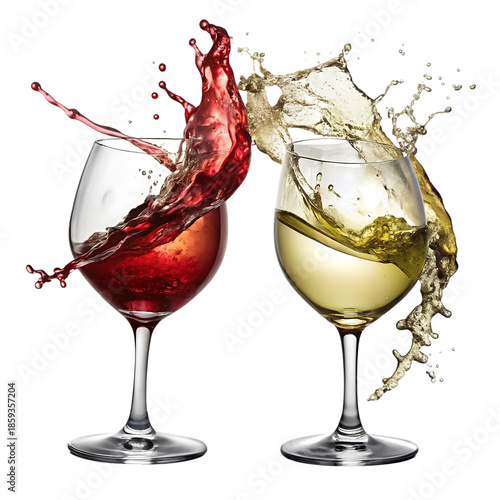 A dynamic splash of red wine and white wine colliding from elegant glasses on