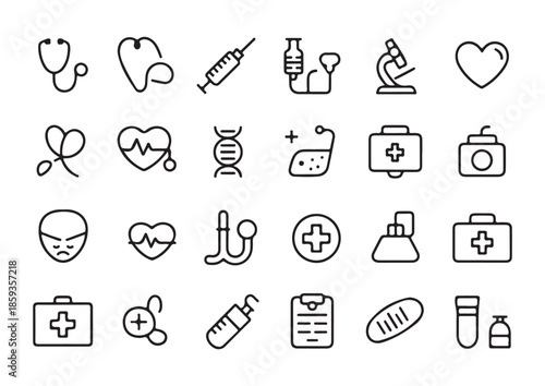 Set of simple black outline medical and healthcare line icons for doctor clinic hospital design elements