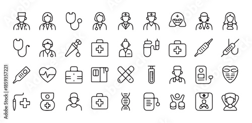 Medical healthcare and doctor line icon set includes stethoscope thermometer syringe first aid kit dna symbols