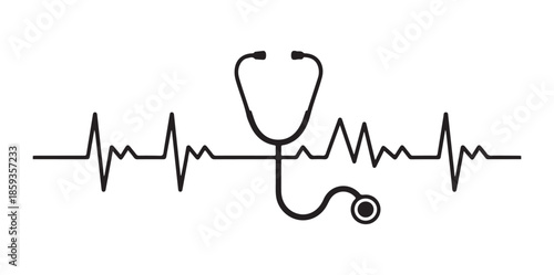 Stethoscope perfectly superimposed over a continuous electrocardiogram line symbolizing doctor check up and heart monitoring