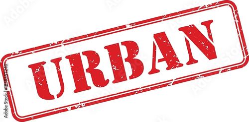 A striking white background showcases a bold red rectangular stamp displaying the word urban in large impactful lettering