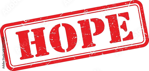 A vibrant red stamp displaying the word hope in bold capitalized letters with a distressed texture