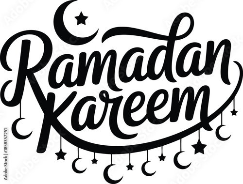 A beautiful Ramadan Kareem inscription features a crescent moon and stars