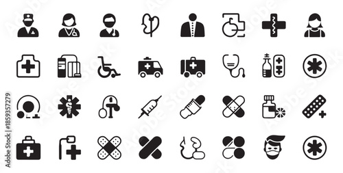 Medical icons vector art collection featuring healthcare symbols such as doctors, nurses, medical equipment, and ambulances