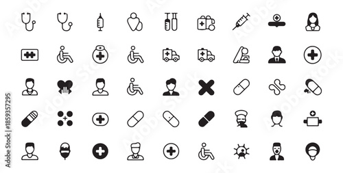 Flat medical line icons set with hospital professionals ambulance pharmacy items and healthcare symbols black vector