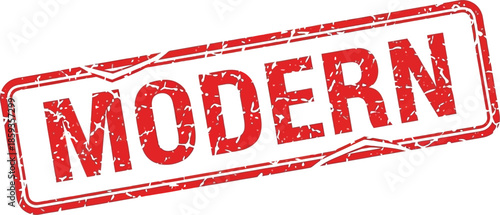 A striking rectangular red stamp boldly proclaims the word modern in large distressed white lettering