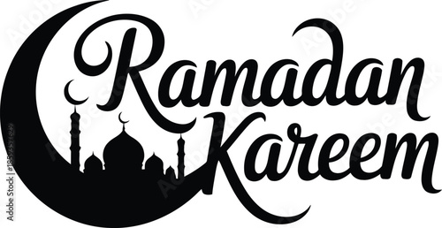 Elegant Ramadan Kareem calligraphy with a mosque silhouette within a large crescent moon symbol