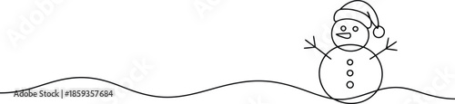 Minimalist outline drawing of a smiling snowman wearing a festive Santa hat standing on winter snow