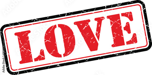 A rectangular stamp displaying the word love in bold red letters with a distressed textured appearance