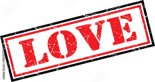 A distressed red stamp with the word love inside a black and white rectangular border is prominently displayed